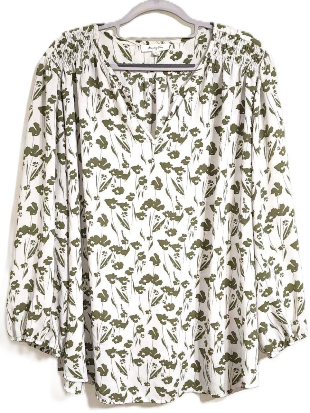 Monday Fun 3X Olive Floral Smocked Shoulder Blouse